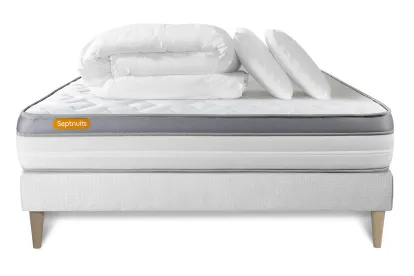 Pack lit complet 200x200 cm - Matelas + Sommier Blanc (en kit) + 2 oreillers + Couette - Memo Zen