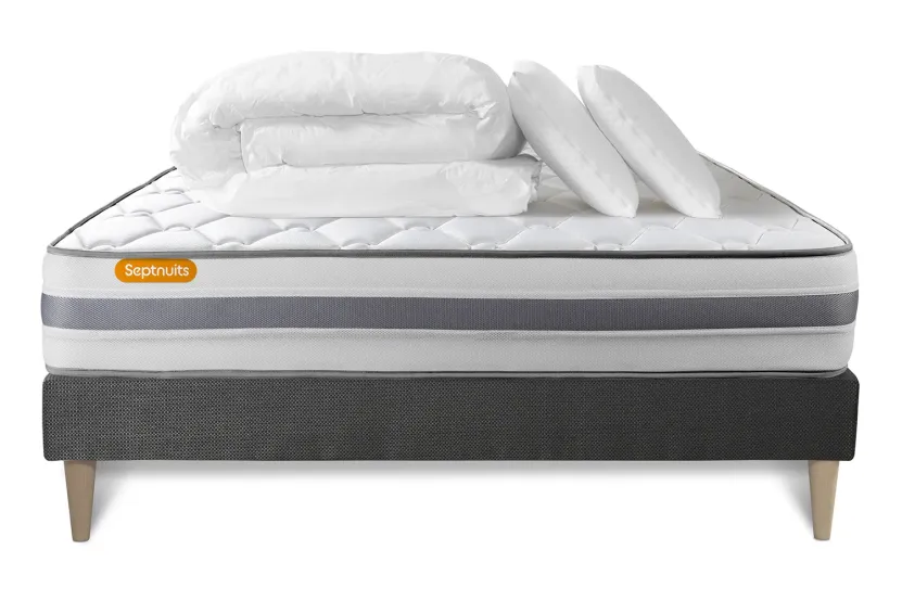 Pack lit complet 160x200 cm - Matelas + Sommier Gris (en kit) + 2 oreillers + Couette - Memo Spring