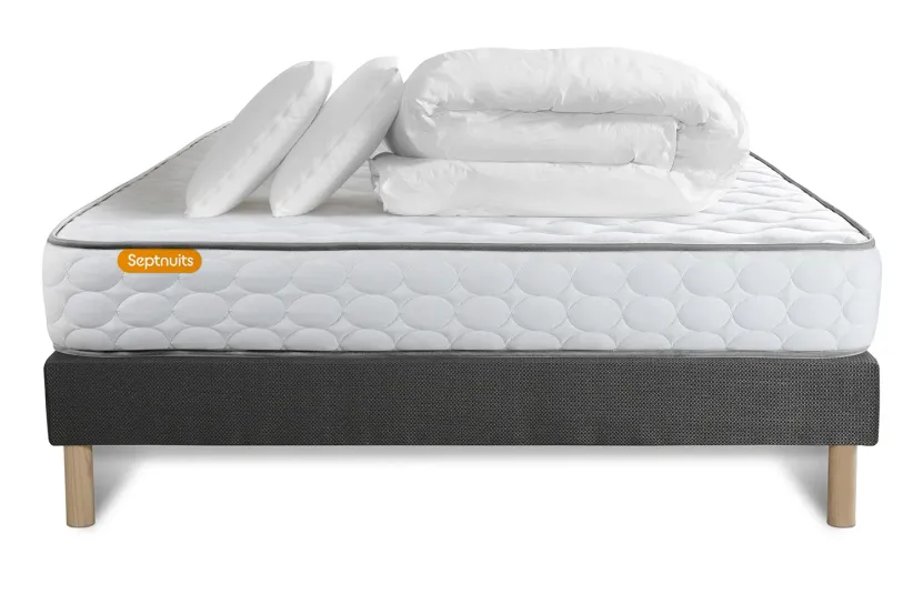 Pack lit complet 140x200 cm - Matelas + Sommier Gris + 2 oreillers + Couette - Memo