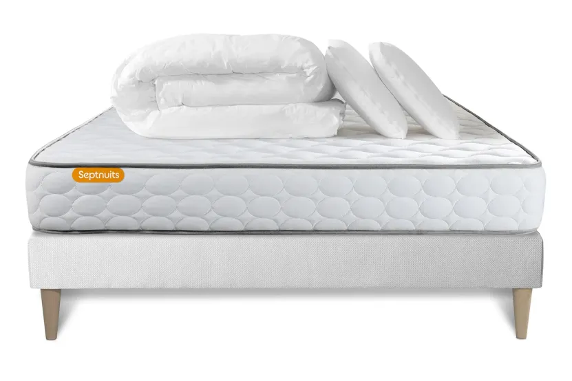 Pack lit complet 140x190 cm - Matelas + Sommier Blanc (en kit) + 2 oreillers + Couette - Memo