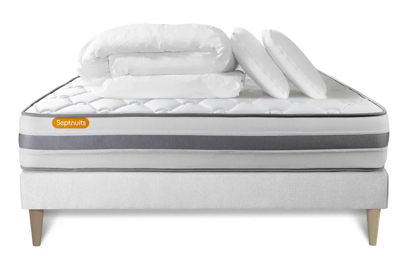 Pack lit complet 180x200 cm - Matelas + Sommier Blanc (en kit) + 2 oreillers + Couette - Memo Spring