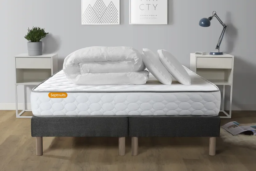 Pack lit complet 160x200 cm - Matelas + 2 Sommiers Gris + 2 oreillers + Couette - Memo