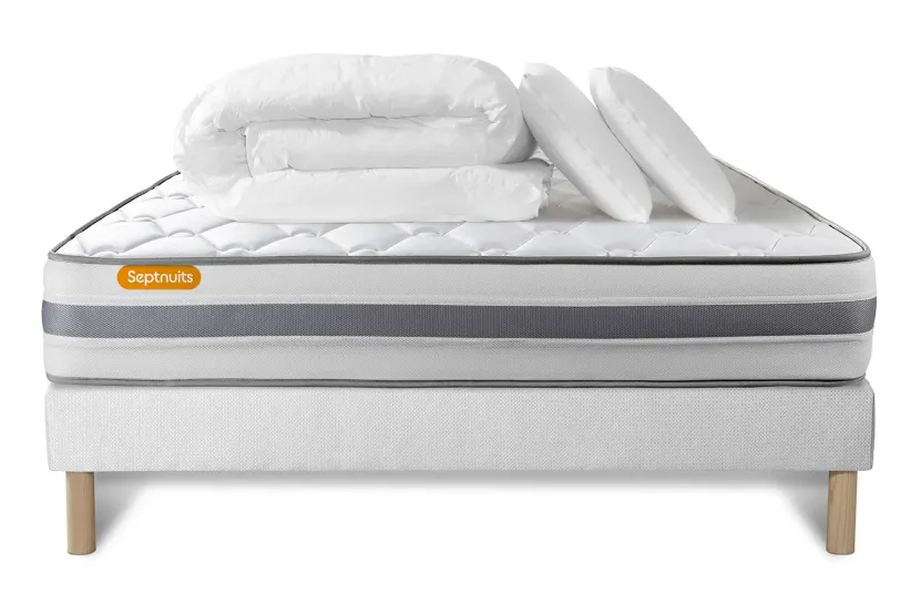 Pack lit complet 160x200 cm - Matelas + Sommier Blanc + 2 oreillers + Couette - Memo Spring