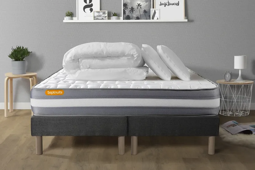 Pack lit complet 200x200 cm - Matelas + 2 Sommiers Gris + 2 oreillers + Couette - Memo Plus