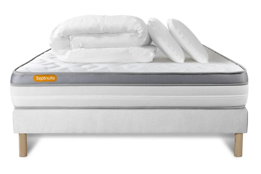 Pack lit complet 140x200 cm - Matelas + Sommier Blanc + 2 oreillers + Couette - Memo Zen