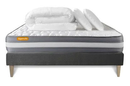 Pack lit complet 180x200 cm - Matelas + Sommier Gris (en kit) + 2 oreillers + Couette - Memo Plus