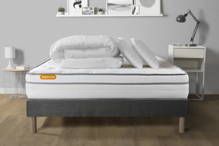 Pack lit complet 140x200 cm - Matelas + Sommier Gris + 2 oreillers + Couette - Memo Luxe