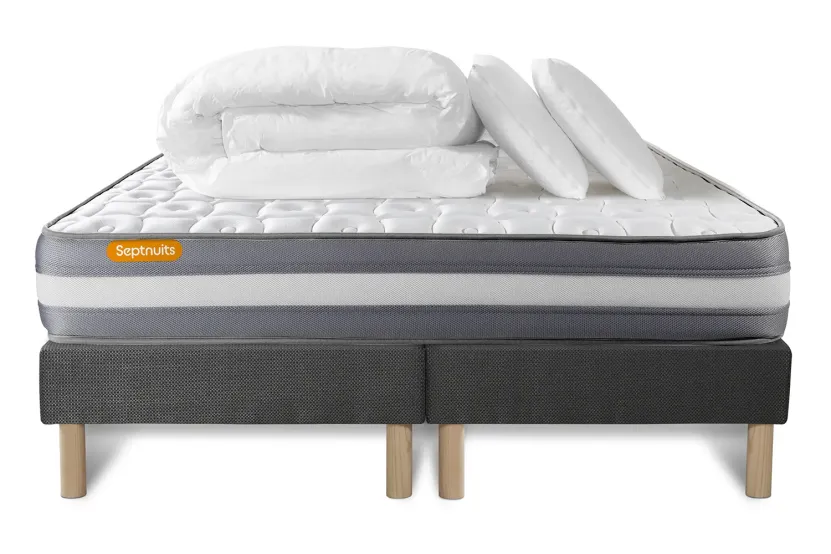 Pack lit complet 200x200 cm - Matelas + 2 Sommiers Gris + 2 oreillers + Couette - Memo Plus