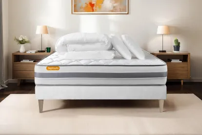 Pack lit complet 140x190 cm - Matelas + Sommier Blanc (en kit) + 2 oreillers + Couette - Memo Spring