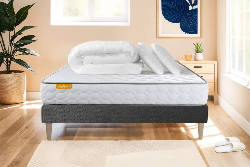 Pack lit complet 140x200 cm - Matelas + Sommier Gris (en kit) + 2 oreillers + Couette - Memo