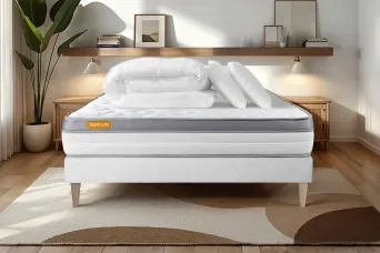 Pack lit complet 200x200 cm - Matelas + Sommier Blanc (en kit) + 2 oreillers + Couette - Memo Zen