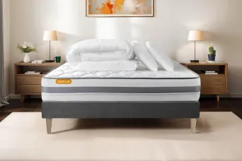 Pack lit complet 140x190 cm - Matelas + Sommier Gris + 2 oreillers + Couette - Memo Spring