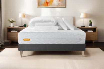 Pack lit complet 140x190 cm - Matelas + Sommier Gris + 2 oreillers + Couette - Memo Bio