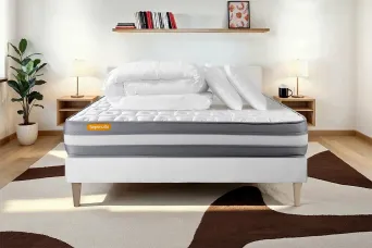 Pack lit complet 180x200 cm - Matelas + Sommier Blanc (en kit) + 2 oreillers + Couette - Memo Plus