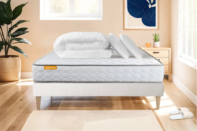 Pack lit complet 160x200 cm - Matelas + Sommier Blanc (en kit) + 2 oreillers + Couette - Memo