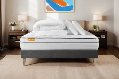 Pack lit complet 140x200 cm - Matelas + Sommier Gris (en kit) + 2 oreillers + Couette - Memo Luxe
