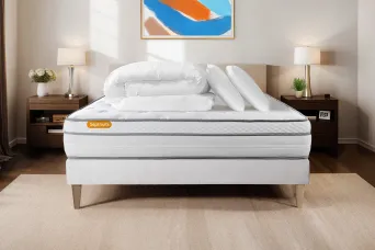 Pack lit complet 140x200 cm - Matelas + Sommier Blanc (en kit) + 2 oreillers + Couette - Memo Luxe